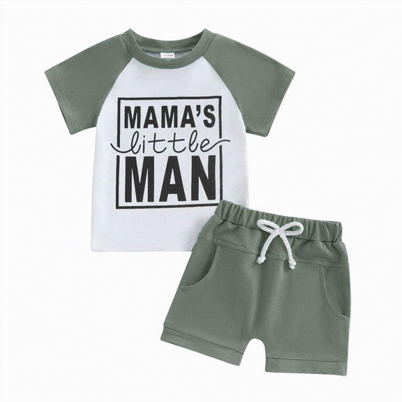 Ramiter Toddler Baby Boy Summer Outfit Letter Print Short Sleeve T Shirt Tops Elastic Stripe Shorts Cute Infant Clothes(Green,18-24 Months)