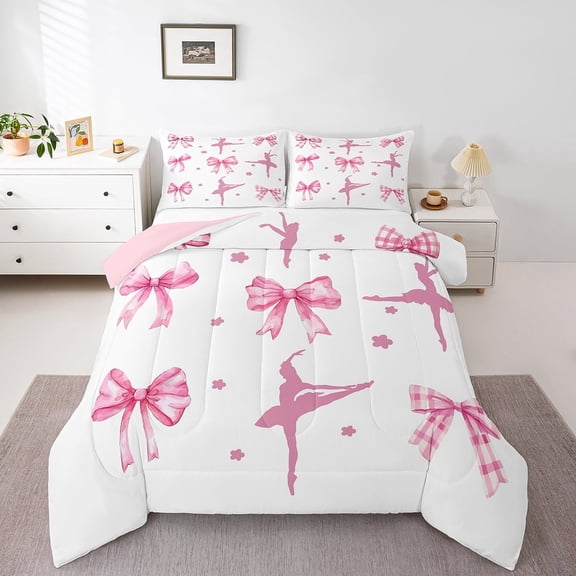 Erosebridal Floral Bow Tie Bedding Twin Comforter Set,Geometric Plaid Down Comforter,Ballet Theme Bedding Sets Twin with Comforter,Ultra Soft Cartoon Bedroom Decorative,Reversible,3pcs