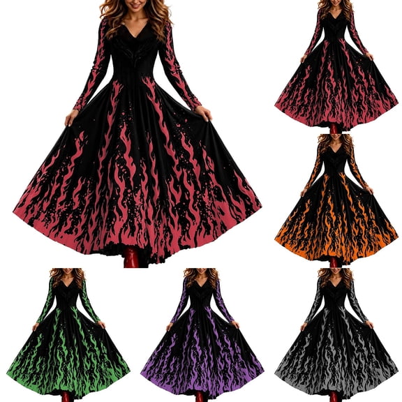 Halloween Dress, Women Long Sleeve V Neck Flared Maxi Dress with Flame Print, Soft Swing Dress for Halloween Themed Party Halloween Gifts