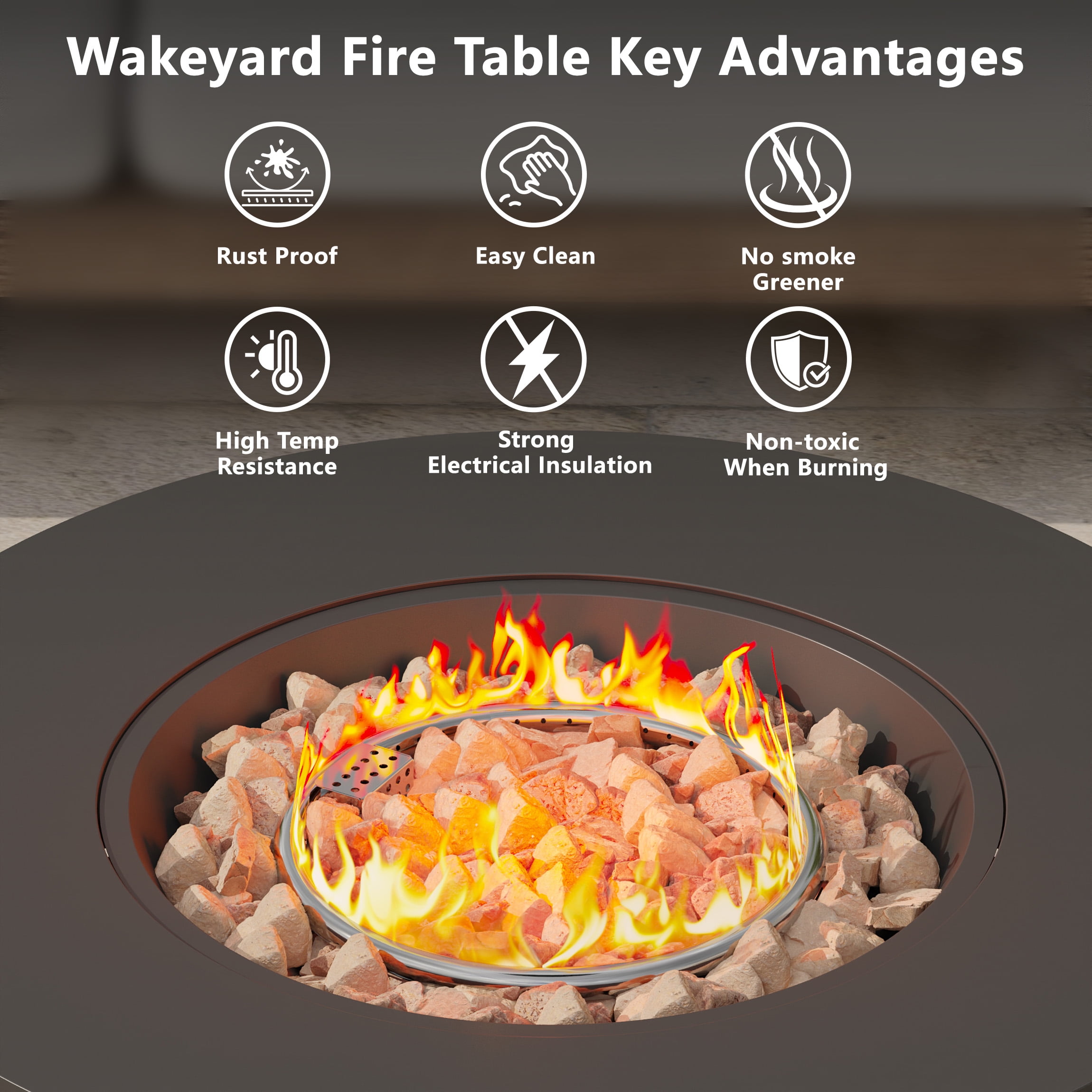 Wakeyard 32.5 inch Round Propane Fire Pit Table, 50000 BTU, Includes Lava Rock,Black