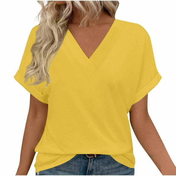 Lenpel T Shirts for Women Summer Fashion V Neck Short Sleeve Solid Color Tunic Tops Soft Casual Tees