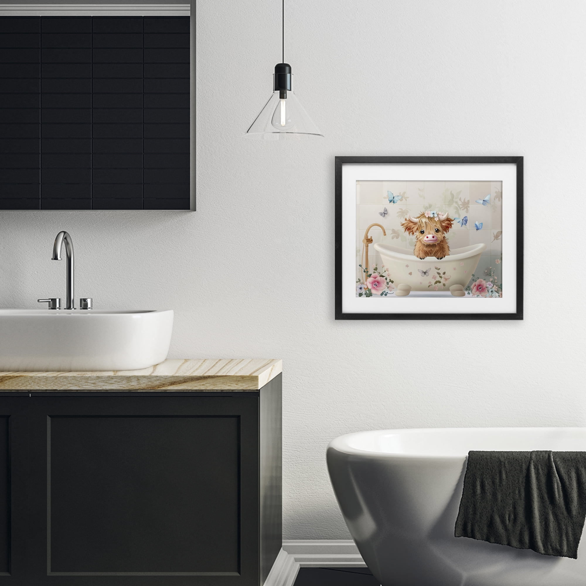 Baby Cattle in Floral Tub Black Framed Print Under Glass, design by Shawna Stewart