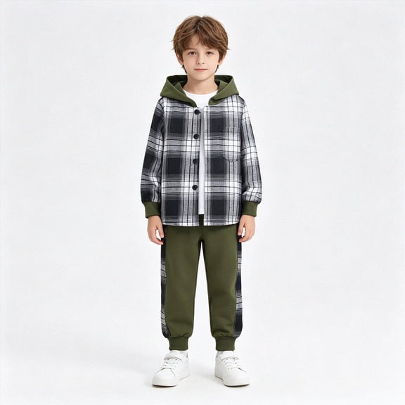 UAYOTSE Toddler Baby Boys Fall Outfits 3T 4T 5T 6T 7T Plaid Hooded Button Up Shirt and Jogger Pants 2 Piece Casual Clothes Set
