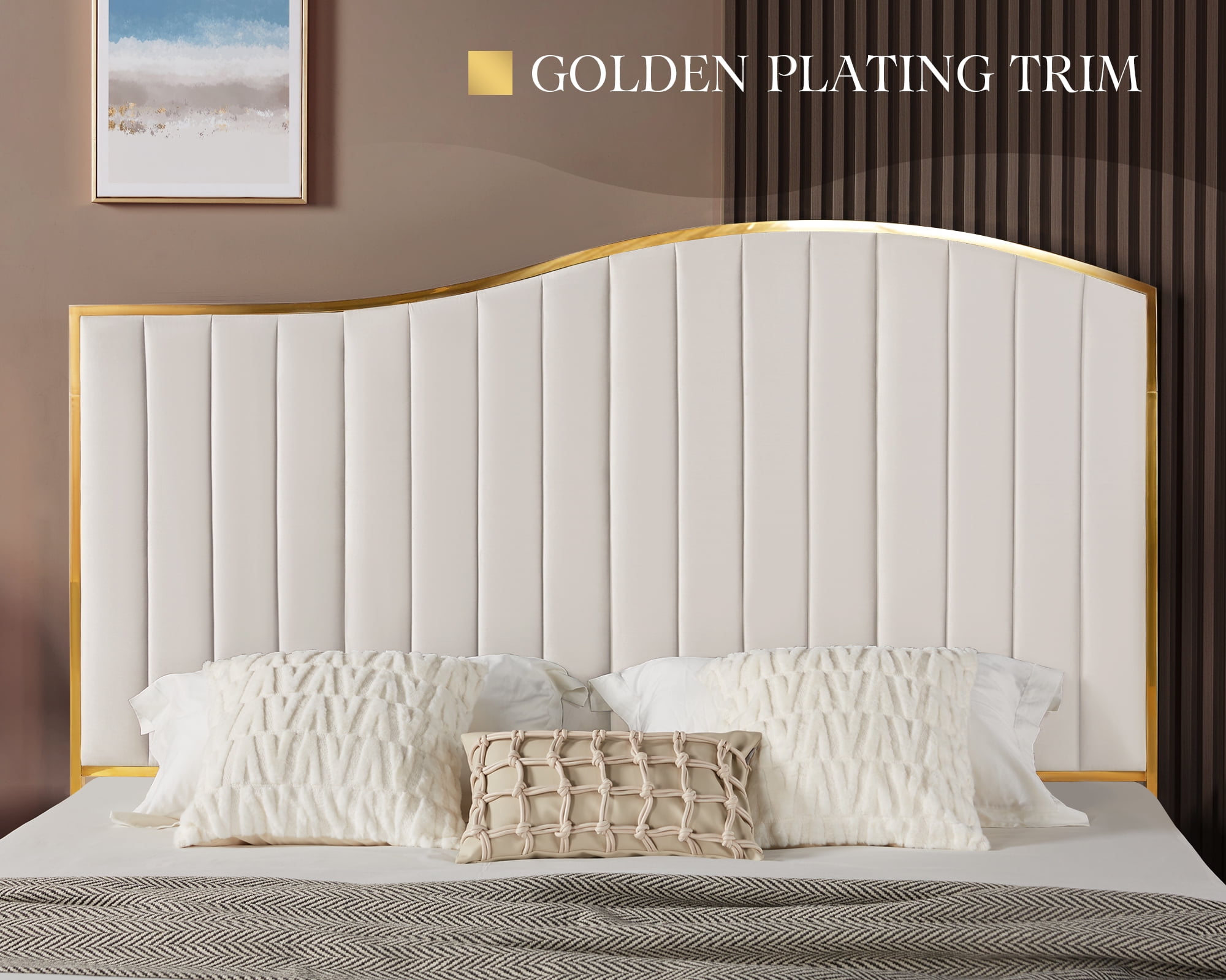 VanAcc King Size Platform Bed Frame 61.4" Vertical Channel Gold Trim Headboard & Footboard Cream