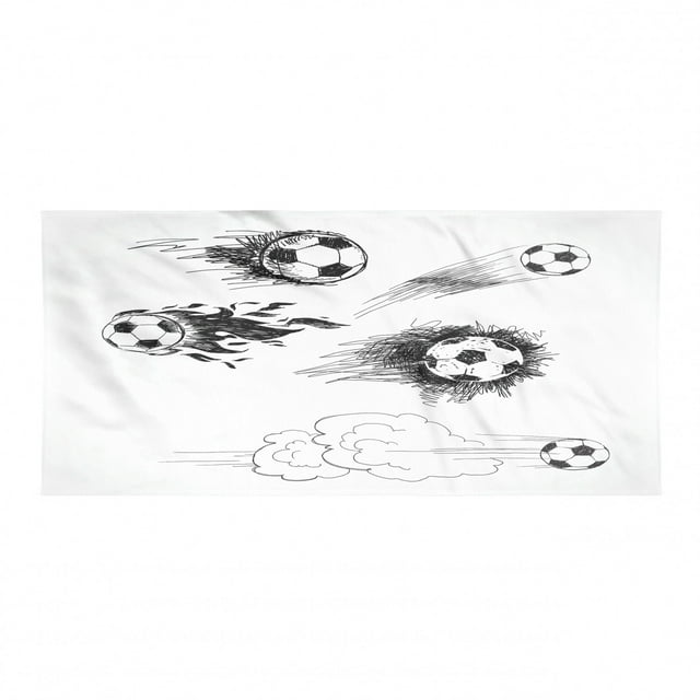 Soccer Sports Towel, Various Round Soccer Balls in Air Fast Kick Shoot in Kickoff Space Art Sketch, Soft Absorbent Ultra Compact Microfiber for Beach Yoga Gym, White and Black, by Ambesonne