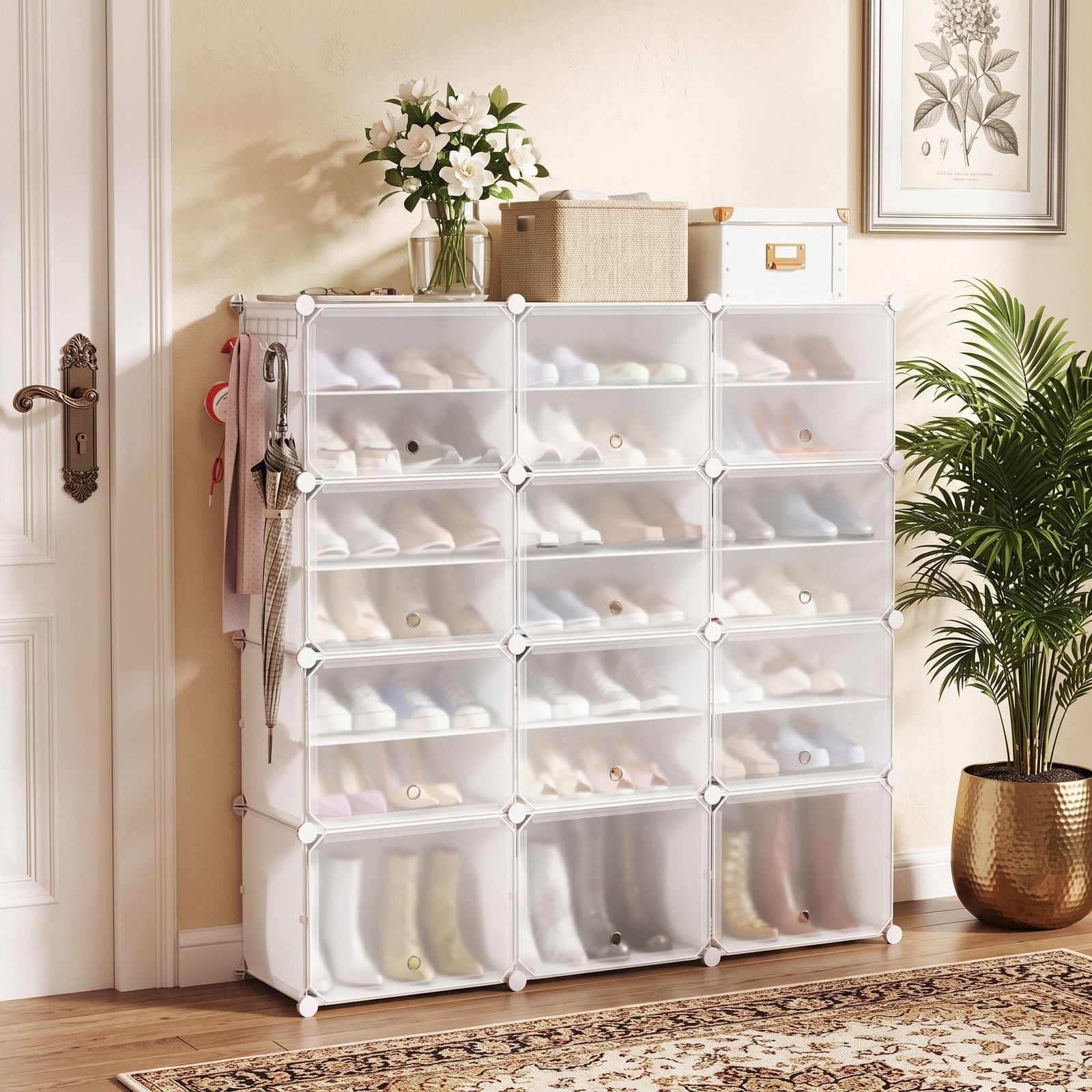 Furnibear 12-Cube Portable Shoe Storage Cabinet with Translucent Doors and 5 Hanging Hooks for Entryway Hallway and Bedroom, White