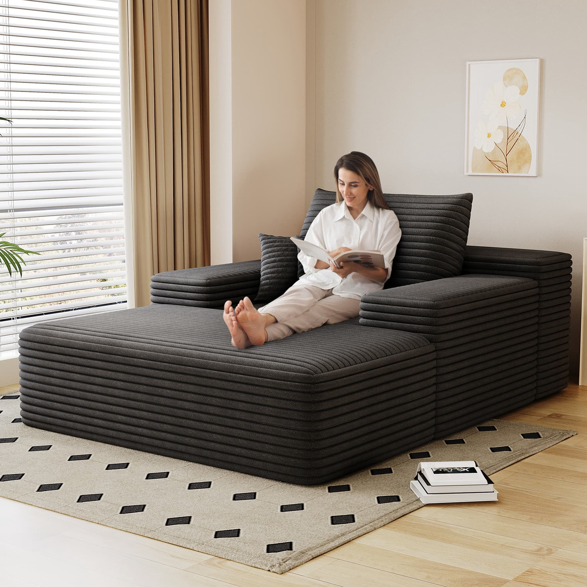 Leumius Oversized Chaise Lounge Chair Indoor Furniture, No Assembly Required, Plush Corduroy Upholstered Sofa Bed Cozy Sleeper Couch for Living Room, Bedroom, Dark Grey