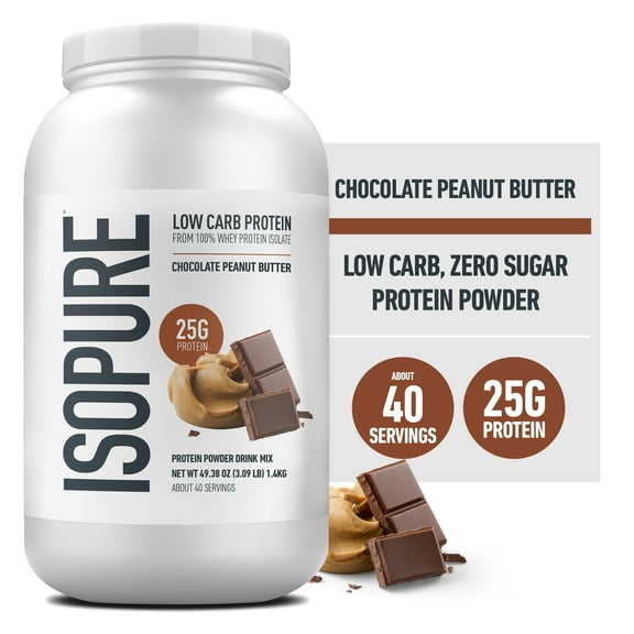 Isopure Low Carb 100% Pure Whey Isolate Protein Powder, Lactose Free, Gluten Free, With Vitamins, Chocolate Peanut Butter, 25g Protein Per Serving, 3 Lbs, 40 Servings (Packaging May Vary)