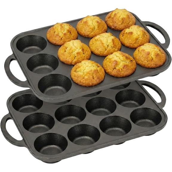 Flavehc 2Pack Cast Iron Muffin Pans for Baking 12 Cup Regular Size Cupcake Pan with Handle Pre-Seasoned Muffin Pans Molds