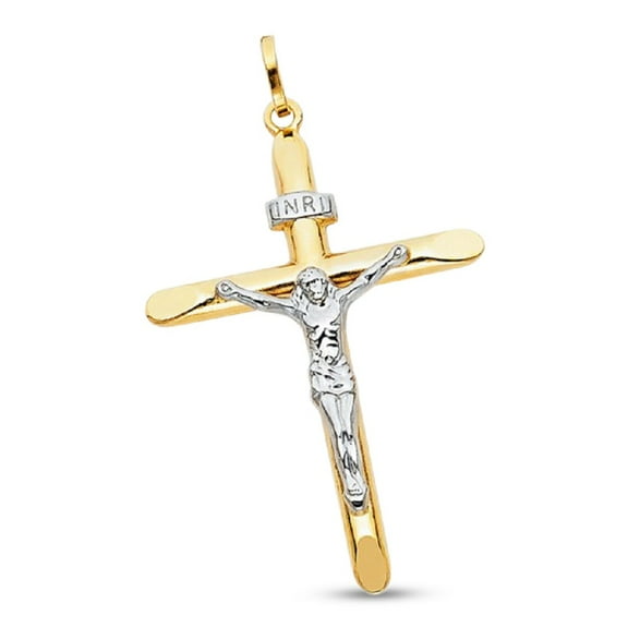 14k Yellow White Gold INRI Cross Pendant Crucifix Jesus Charm Two Tone Genuine 43mm x 30mm
