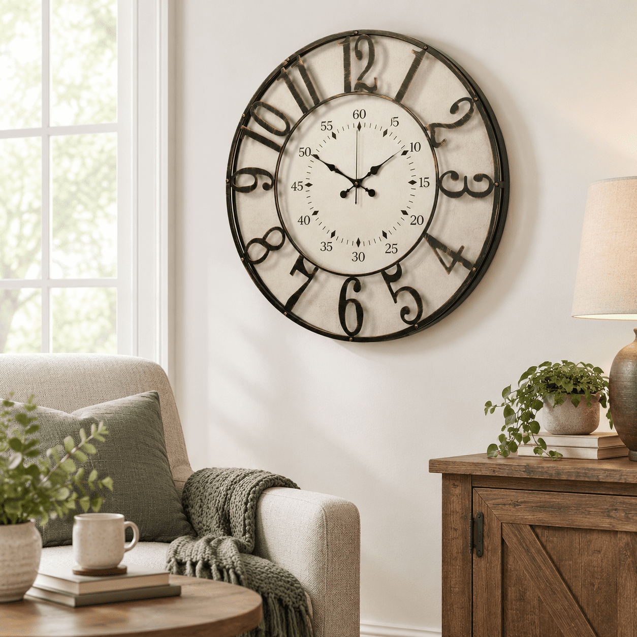 Vintage Double Ring 30 Inch Large Farmhouse Wall Clock, Black Metal Open Frame