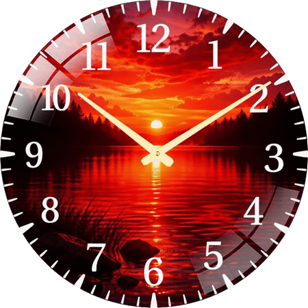 23.6 Inch Fiery Red Sunset Over Lake Glass Wall Clock for Hanger Office Room, Living Room, Bedroom Or Kitchen Style 60x60cm