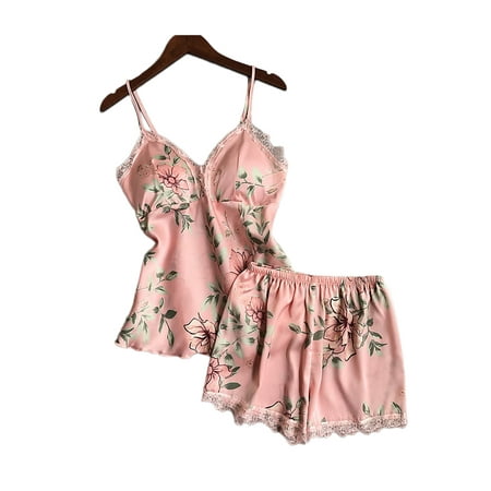

DuAnyozu 2Pcs Women Satin Silk Sleepwear Lace Floral Pyjamas Sets