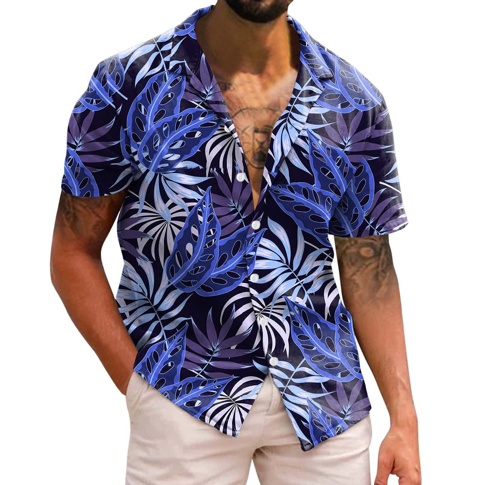 Casual Men Shirts Tropical Vacation Leaves Printed Short Sleeve Classic ...