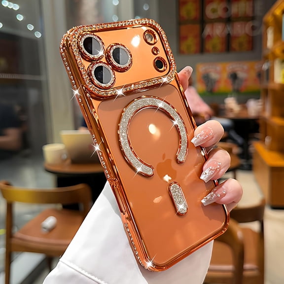 Glitter Diamond Magnetic Case for iPhone 17 Pro Max Clear Support Wireless Charging 17 Pro Max Case Women Girls Cute Bling Luxury Shiny Sparkle Shockproof Protective Cover 6.9", Orange