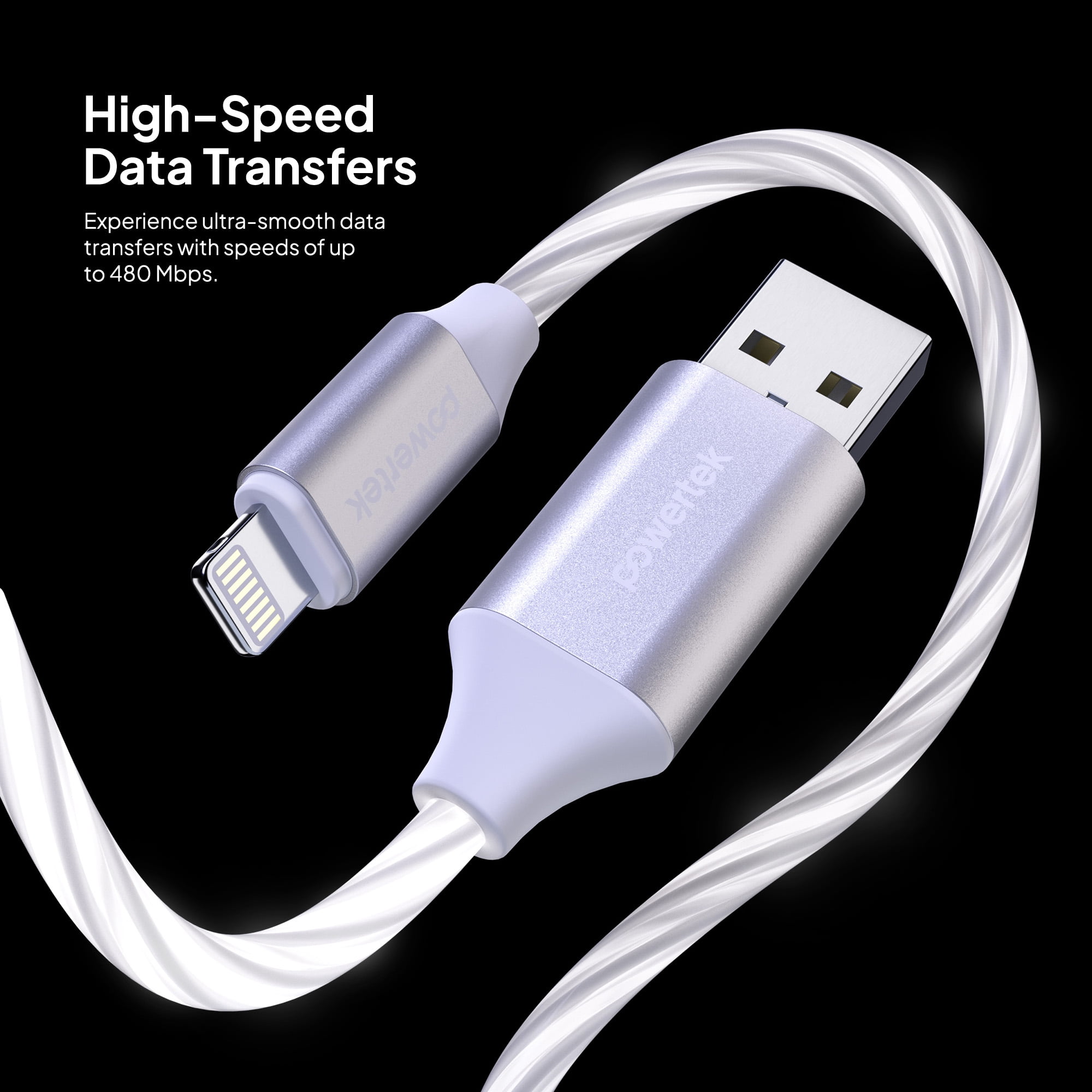 Powertek MFi-Certified Light-Up USB-A to Lightning Charging Cable, 5 ft, White