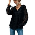 thumbnail image 3 of Txlixc Tops de manga larga con cuello en V para mujer, blusa suelta de empalme de malla con decoración de bolas de felpa de estilo informal para primavera y otoño Txlixc Moda, 3 of 9