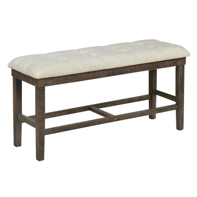 Counterheight Rustic Dark Oak Dining Bench Upholstered with Beige Linen Fabric