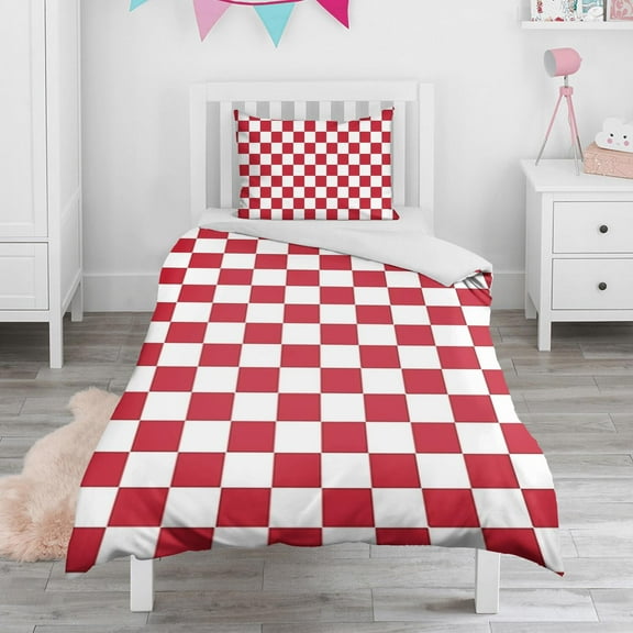 White Red Checkered Duvet Cover and Pillowcase Set for Single Bedding, Bedroom Accessories for Kids Teens