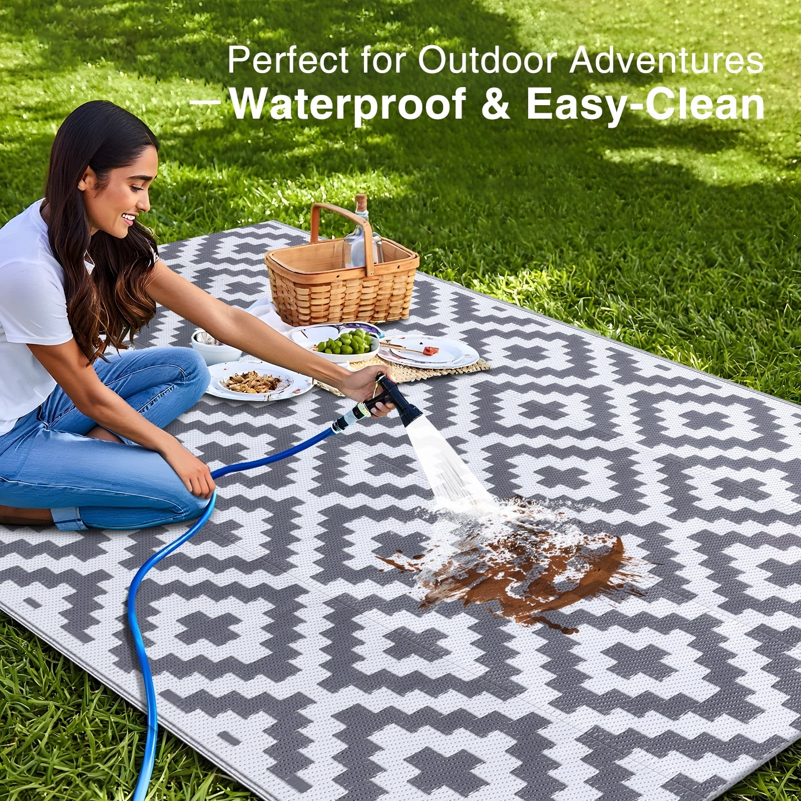 Smiry Outdoor Rug 6x9, Waterproof Reversible Plastic Outdoor Mat, Indoor Outdoor Rugs for Patio, RV, Deck, Porch, Grey & White