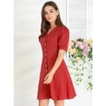 thumbnail image 4 of Vestido Camisero Acampanado Abotonado Cuello Plano Manga Abullonada Corta De Algodón Con Bolsillo Para Mujer Borgo?a XL Allegra K, 4 of 6