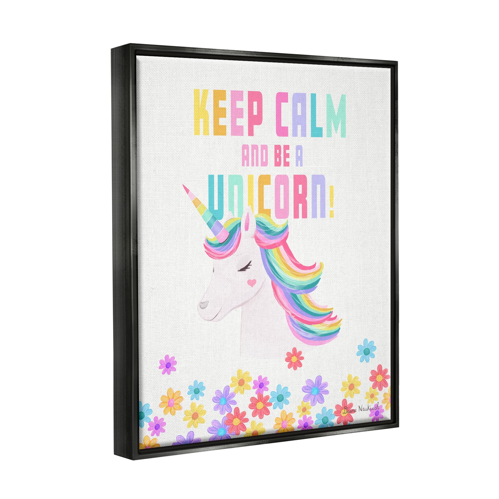 Stupell Industries Keep Calm Be A Unicorn Playful Quote Pastel Florals Graphic Art Jet Black Floating Framed Canvas Print Wall Art, Design by Diane Neukirch