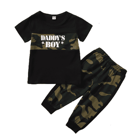 

NZRVAWS Toddler Baby Boys Outfits 4 Years Boys Splice 5 Years Boys Letter Print Shirts Camouflage Pants 2Pcs Clothes Set Black