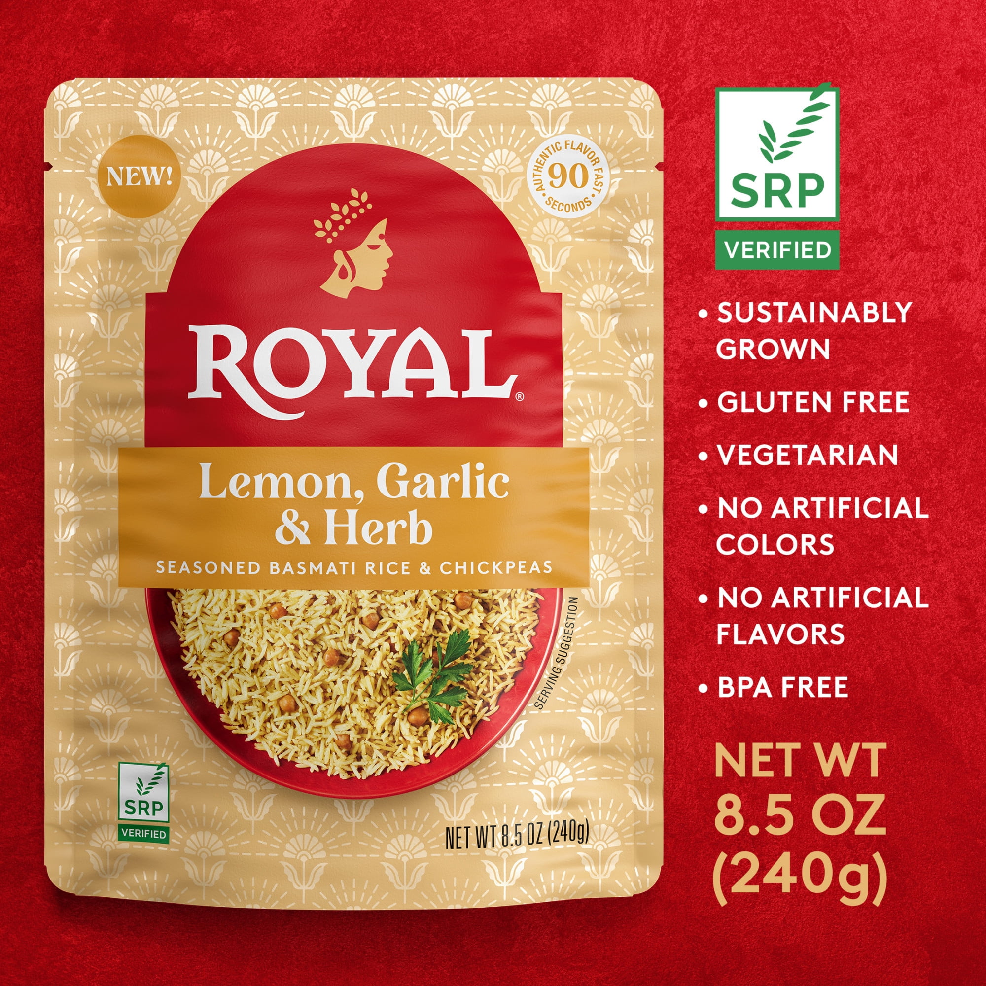 (6 pack) Authentic Royal Ready-to-Heat Lemon Garlic Herb Long Grain Basmati Rice, 8.5 oz Microwavable Pouch