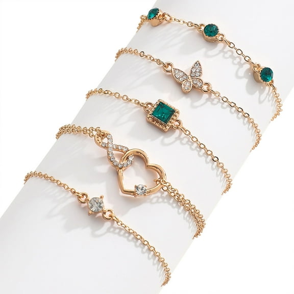 5Pc Summer Women Green Rhinestone Beach Bracelet Bangle Chain Set(Green)
