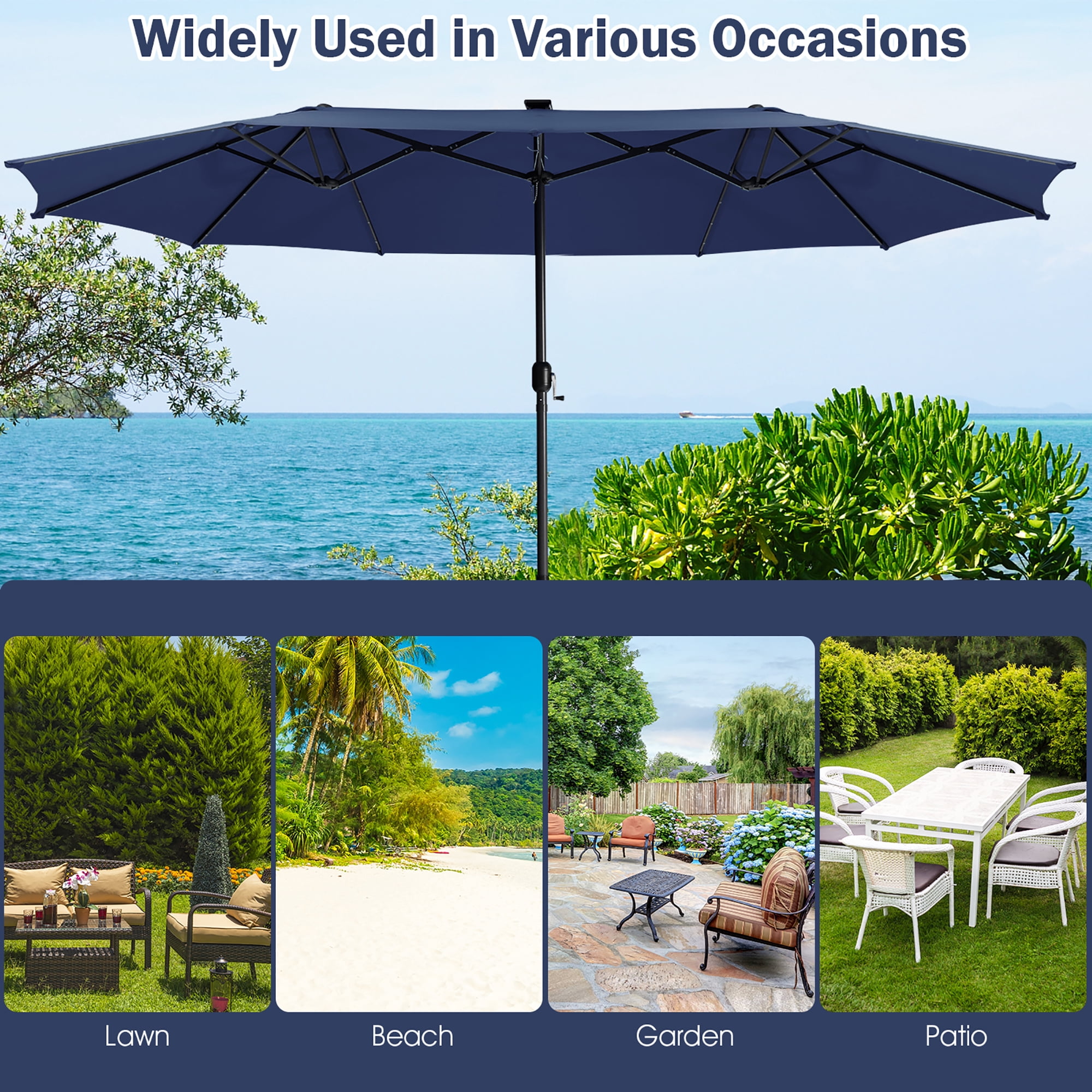 Gymax 15Ft Solar LED Patio Outdoor Double-Sided Umbrella w/ 48 Lights Crank Navy