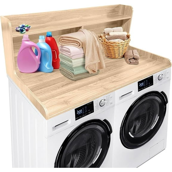 2 Tier Washer Dryer Countertop with Shelf, 54x27.5 Inch Waterproof Wood Laundry Room Topper, Large Washer and Dryer Topper with Storage for Laundry Organization, Wood Color