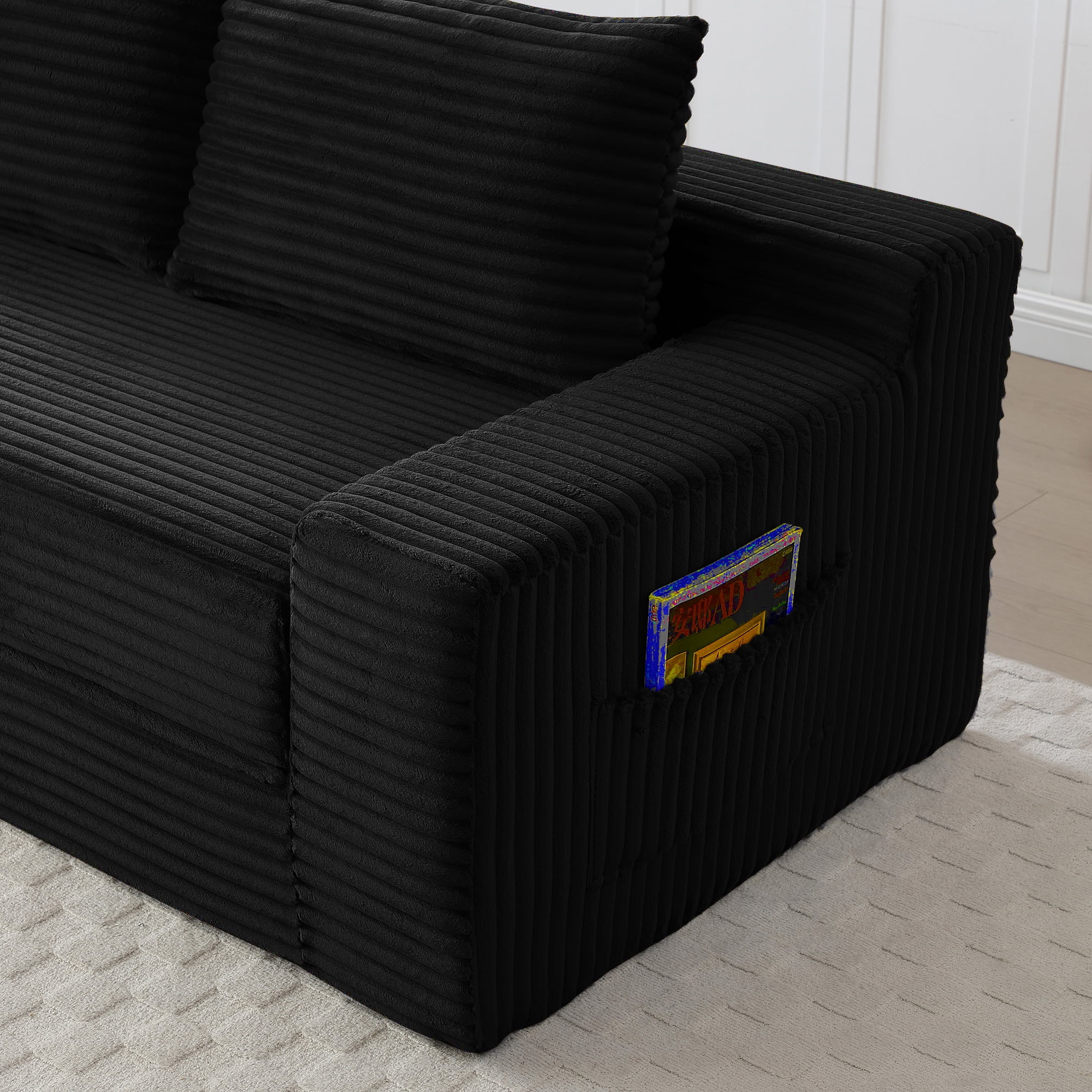 Miniyam Cloud Loveseat Sofa, 2 in 1 Convertible Folding Couch Bed, No Assembly Compressed Corduroy Floor Lounge Sofa for Apartment Office, Black