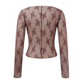 thumbnail image 5 of Lace Mesh Sheer Long Sleeve Tops for Women Layering Floral Embroidery See Through Tee Fitted Tight T Shirts Blouses Brown L, 5 of 9