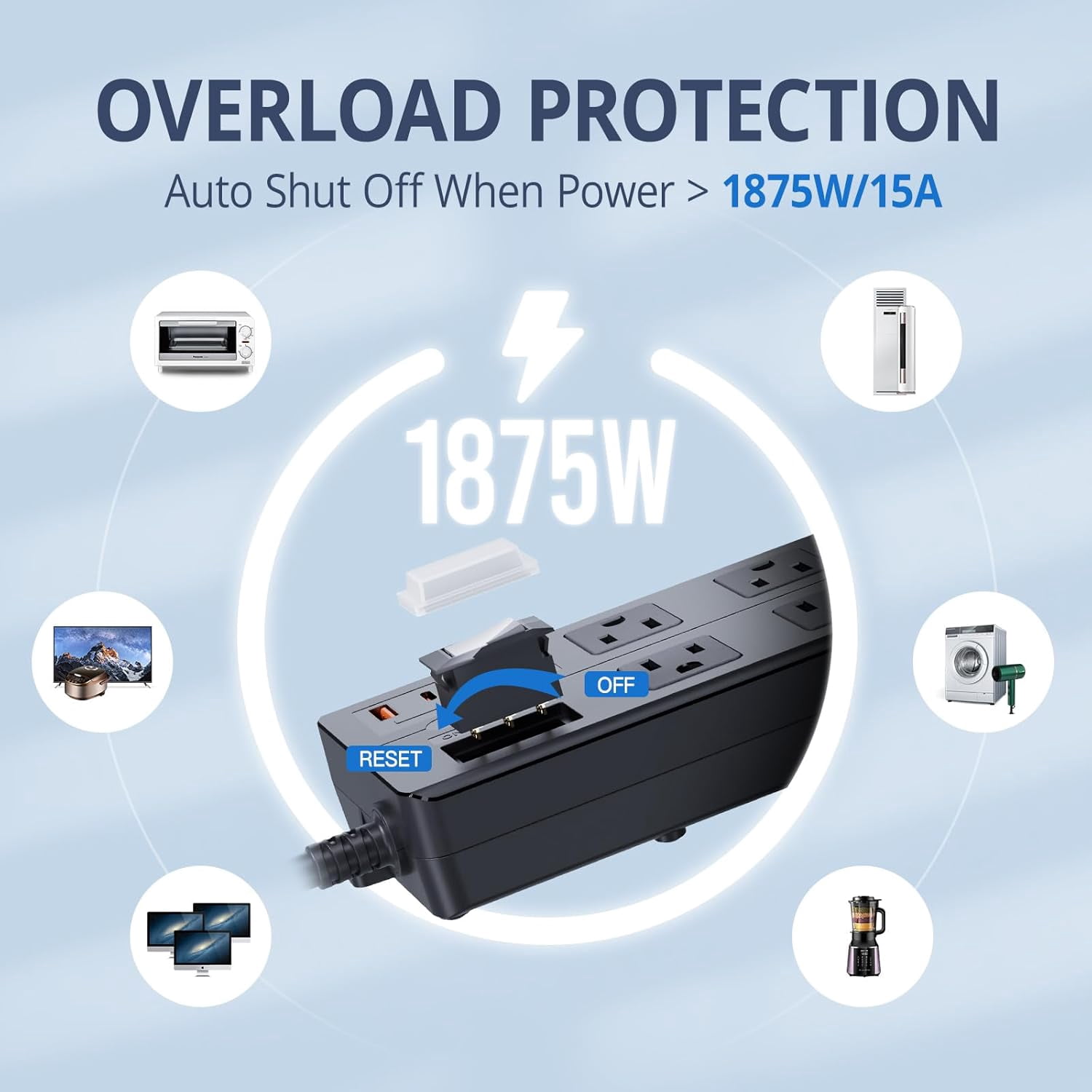Outdoor Power Strip Weatherproof, Waterproof Surge Protector with 8 Wide Outlet with 4 USB Ports, 10FT Extension Cord, 1875W Overload Protection, Outlet Extender for Patio, Outdoor Decorations