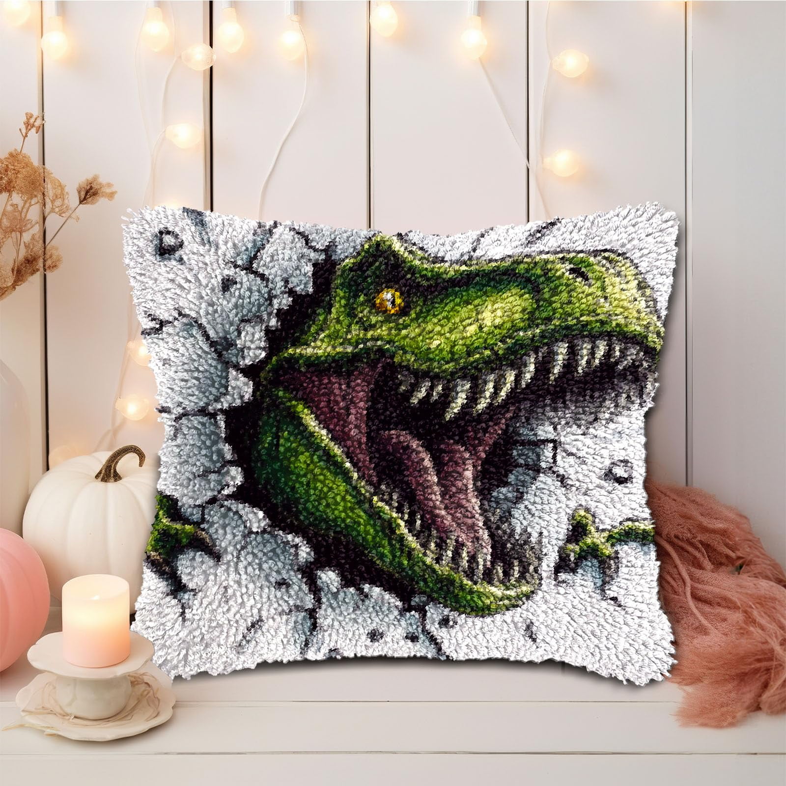 DIY Latch Hook Pillow Kits Green Dinosaur Printed Pillowcase Crochet Yarns Hooking Handmade Pillow Cover Cushion for Home Sofa Decoration 17x17inch-6