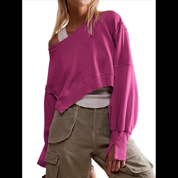 Sudadera Corta para Mujer, Cuello Redondo, Larga, Talla Grande, Otoño-Invierno 2025, Estilo Jersey Holgado. Rosa Roja L