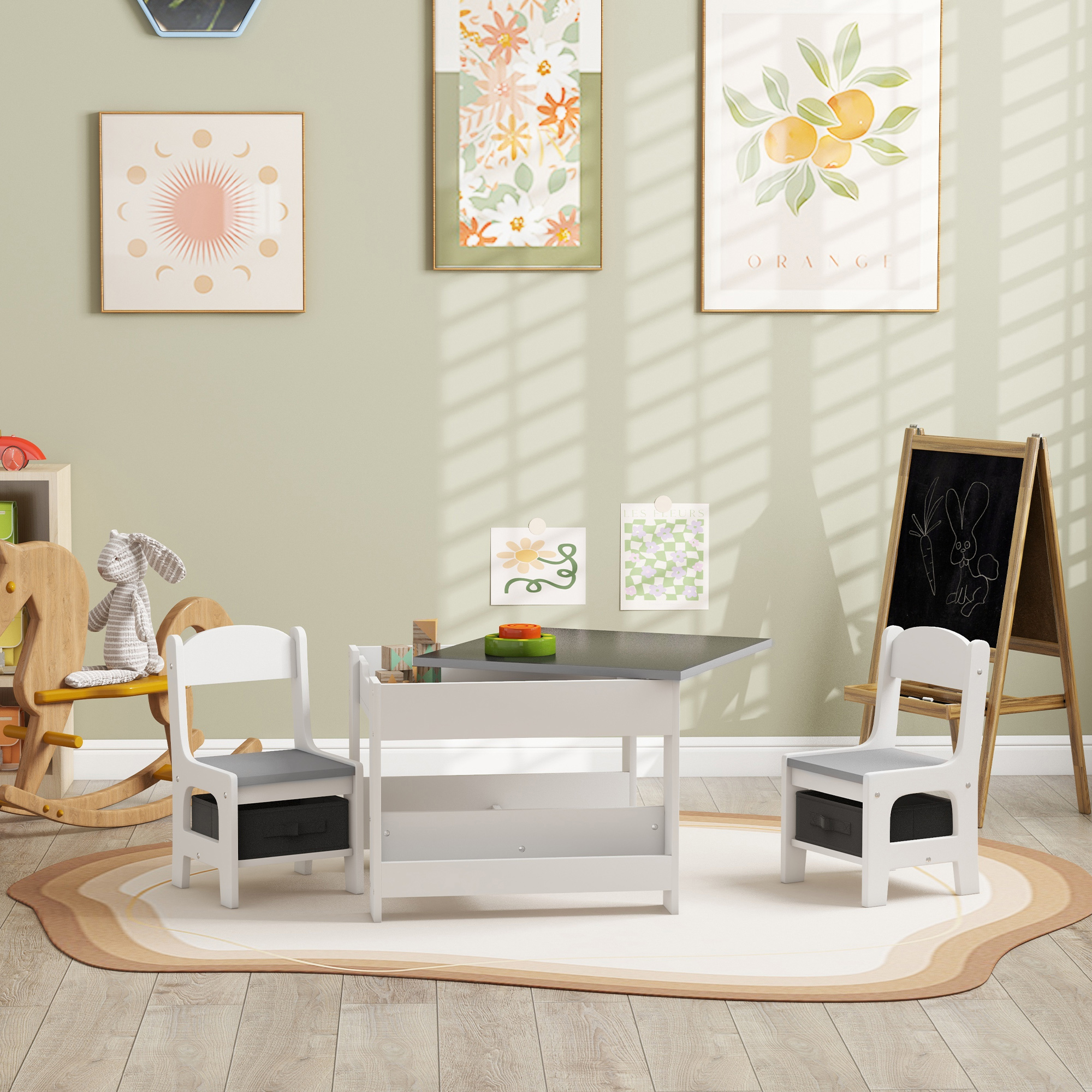 Cribs Qaba 3 Piece Table and Chair Set, 2 in 1 Toddler Table and Chair Set with Reversible Tabletop Blackboard, Storage & Bookshelves for Playroom, Nursery, Gray,Youth Desk and Chair Set