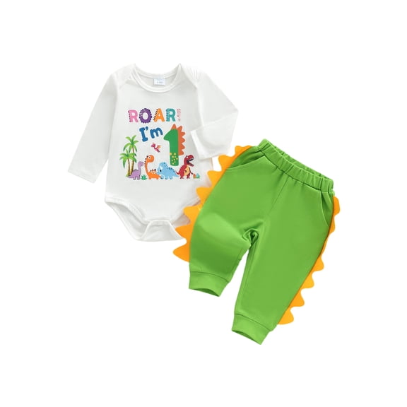 BemeyourBBs Baby Boy First Birthday Outfit 1st Birthday Clothes Dinosaur Long Sleeve Romper with Pants 2Pcs Fall Winter Spring Outfits