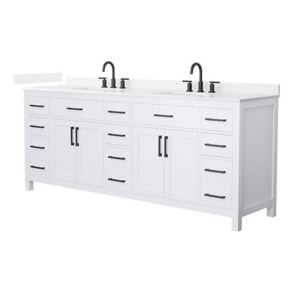 Beckett 84" White Double Vanity & White Quartz Top (3-Hole) & Black Trim