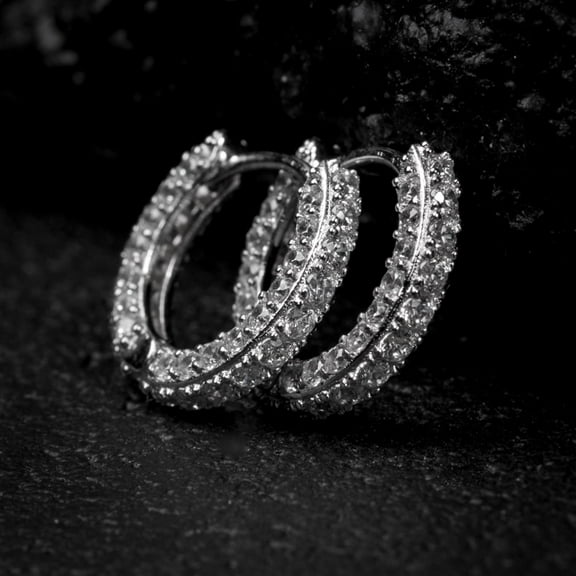 Men's Women 3D Small Thin Hoops Unisex Hoops White Gold Plated 925 Sterling Silver Post Fully Iced Cz Skinny Cubic Zirconia Huggie Hoop Earrings