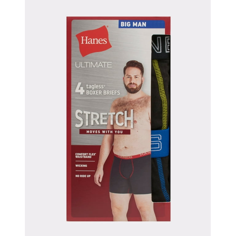 Hanes Ultimate Stretch Cotton Big Men’s Boxer Brief Underwear, Black,4-Pack  ( & Tall Sizes) 4XB