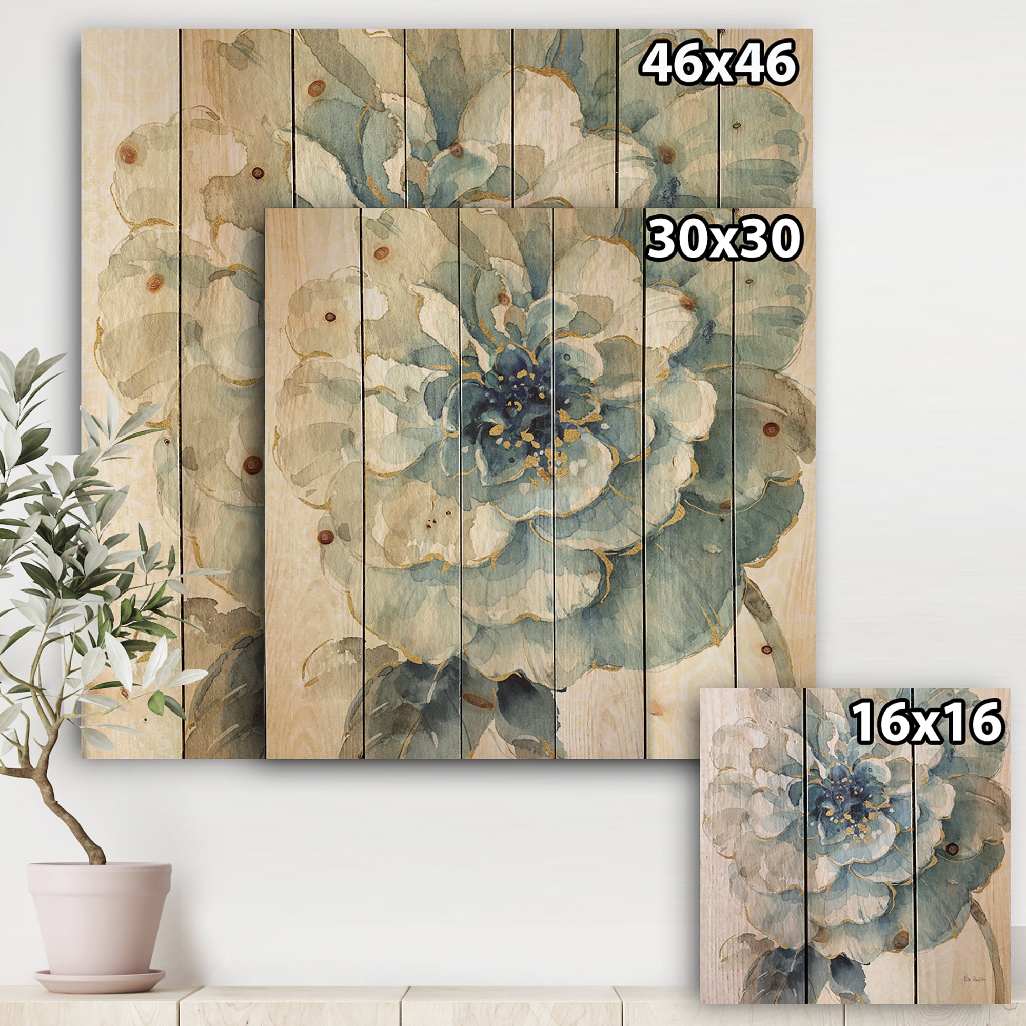 Designart 'Indigold Gold Country FLower' Cottage Country Print on Natural Pine Wood