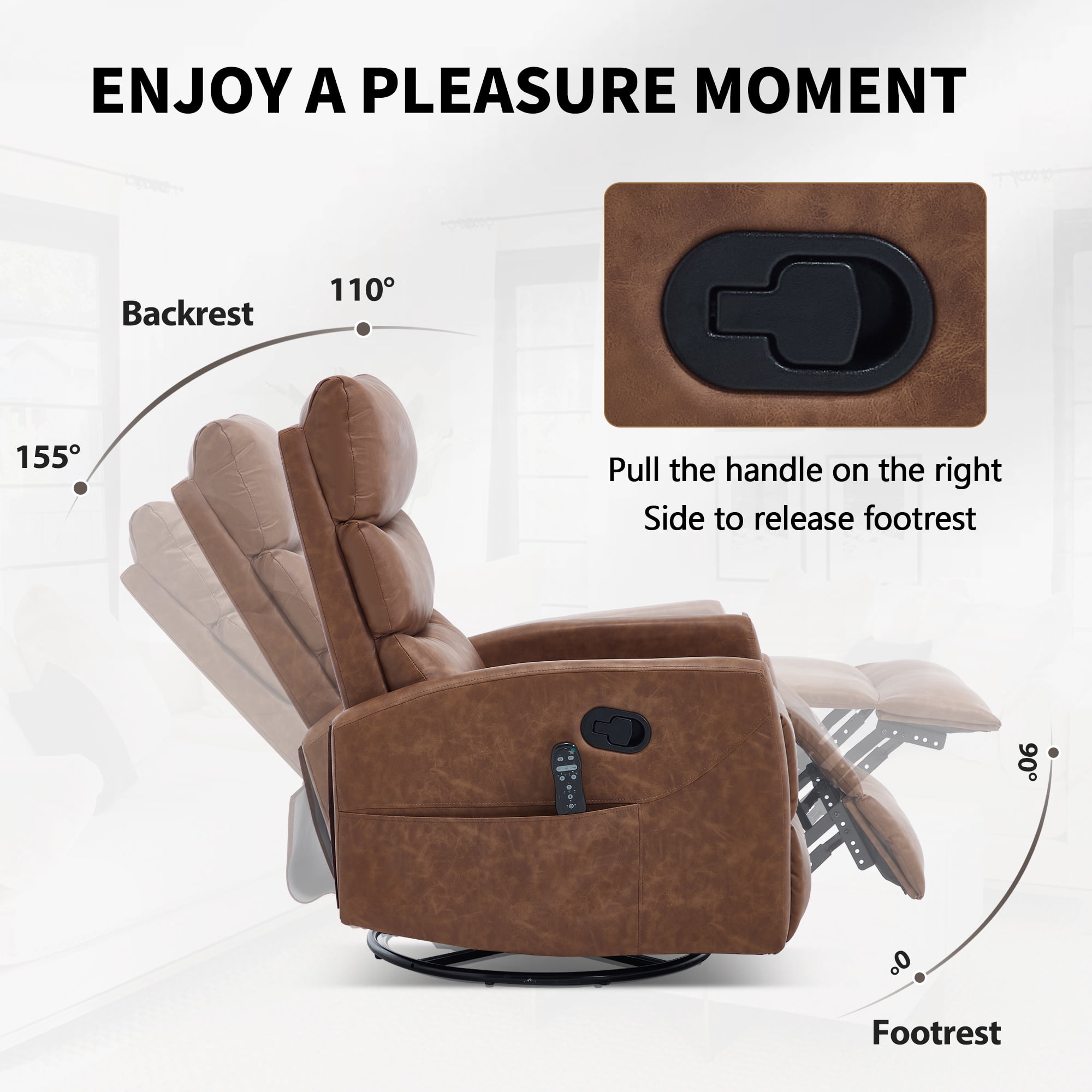 Leumius Swivel Recliner Chair,360° Glider Rocking Chair with Massage and Heating,PU Leather Small Manual Recliner for Nursery Home Theater,Yellow Brown PU