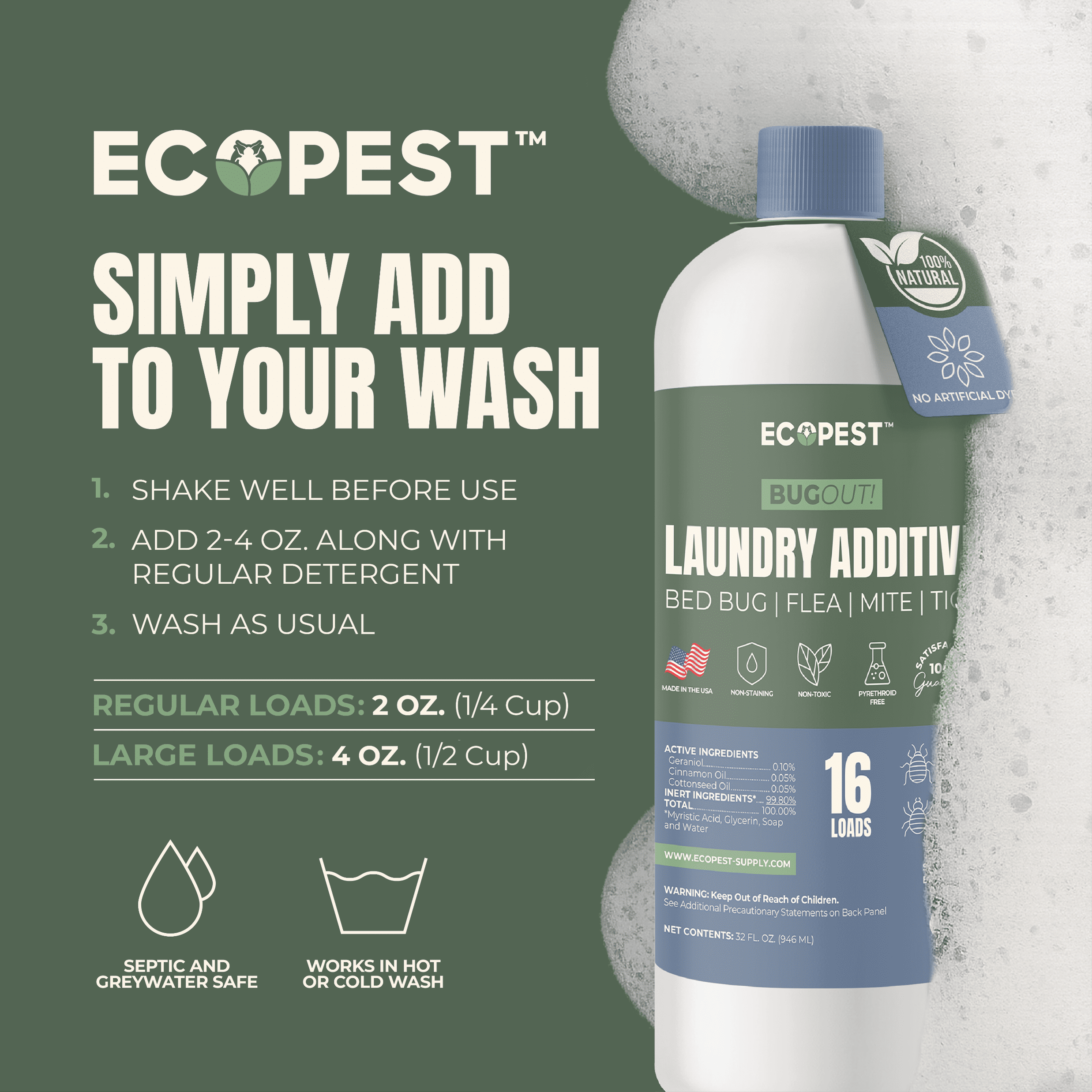 BugOut! Laundry Additive – Natural Detergent Booster for Bed Bug, Mite, Flea, & Tick Treatment & Prevention | Plant-Based Killer, Made with Fabric-Safe Soap | Works in Hot and Cold Wash (32 oz)