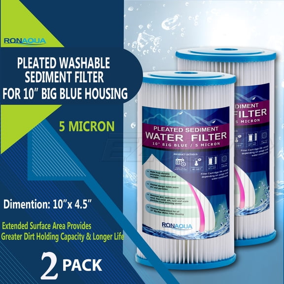 Big Blue Pleated Washable & Reusable Sediment Filter 5 Micron Amplified Surface Area, Removes Sand, Dirt, Silt, Rust, Extended Filter Life for 10" Big Blue Housing by Ronaqua (Set of 2)
