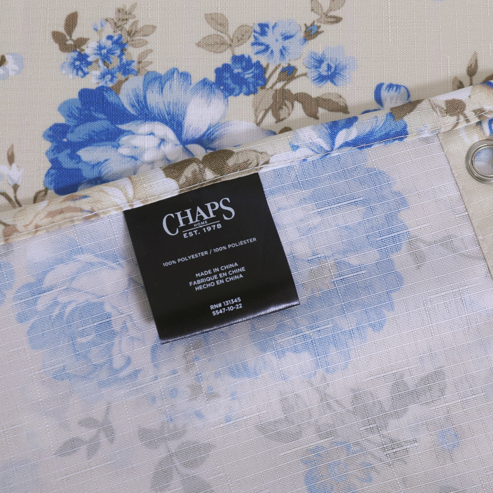 Chaps Shower Curtains with Hooks - Linen Textured Waterproof Curtain 10 Easy-slide Hooks - Beige Floral - Size 72 x 72"