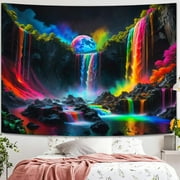 Simpkeely Blacklight Fantasy Waterfall Planet Tapestry UV Reactive Nature Tapestry Neon Landscape Mountain Wave Tapestry Wall Hanging - 51.2 x 59.1