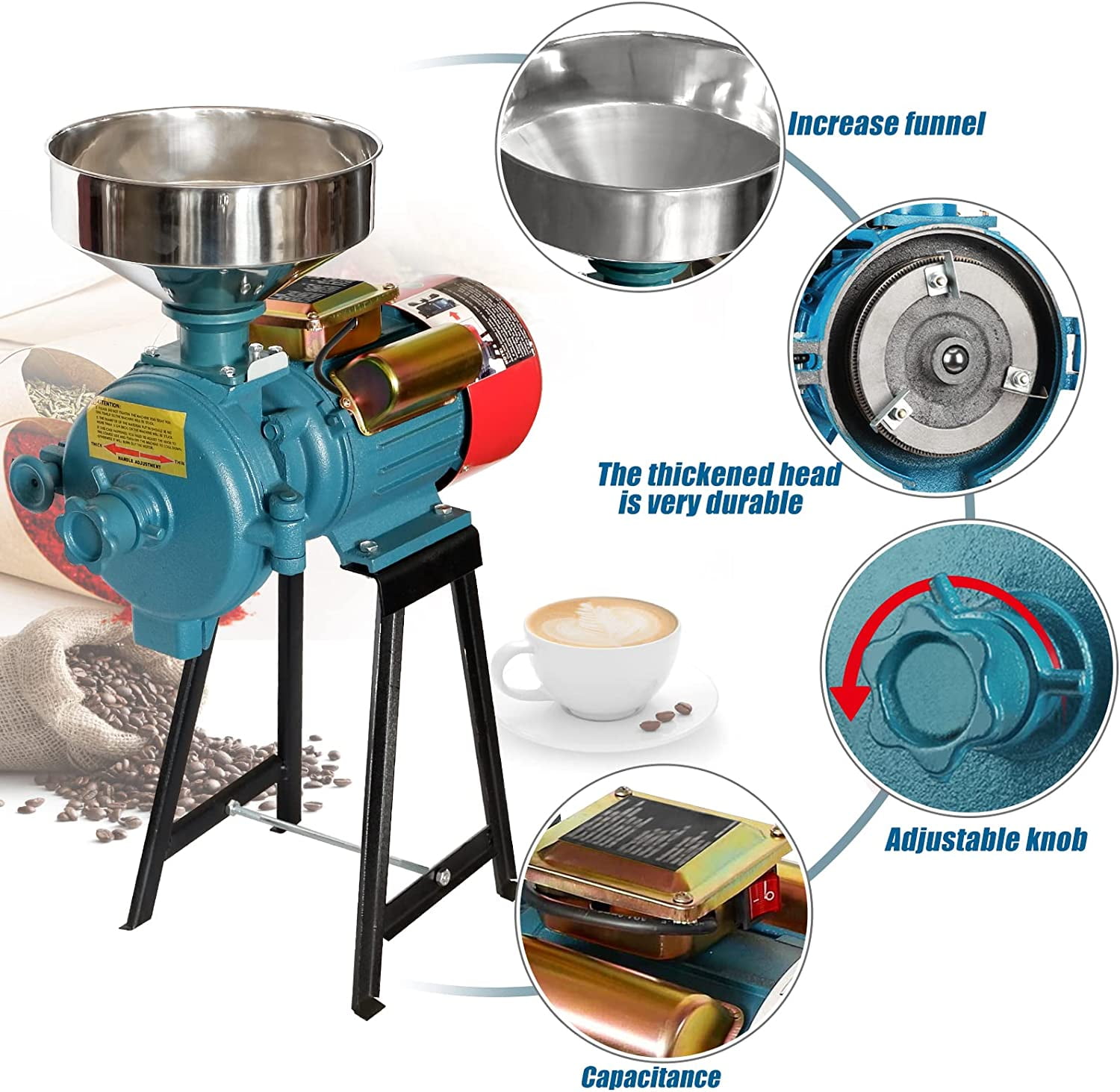 Slsy Electric Grain Mill Grinder Corn Grinder, 110V 3000W Commercial Corn Mill Grinder Machine Feed Mill Wheat Grinder, Flour Mill Cereals Grinder with Funnel