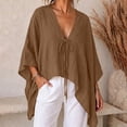 thumbnail image 2 of VBVC Women's Cotton Linen V Neck Tie Front Tunic, Ladies' Loose Batwing Sleeve Blouse, Casual Asymmetrical Vacation Top For Women, Coffee , S-2XL, 2 of 10
