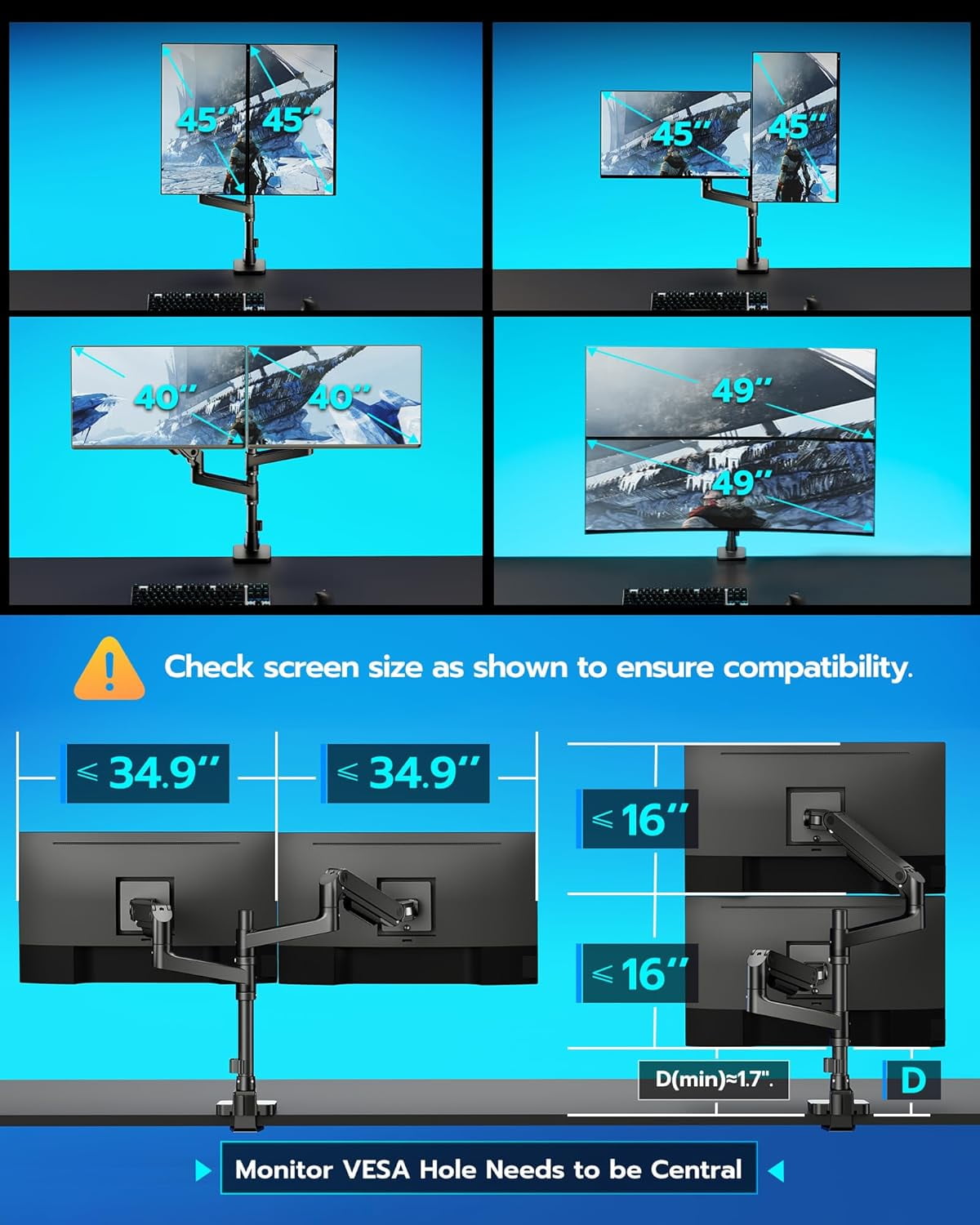 ARES WING Dual Monitor Arm with USB for 17"-49" Ultrawide Screens, Heavy Duty Vertical Gas Spring Dual Monitor Mount for Desk, Adjustable Stacking Double Monitor Stand, VESA 75x75 100x100, Black